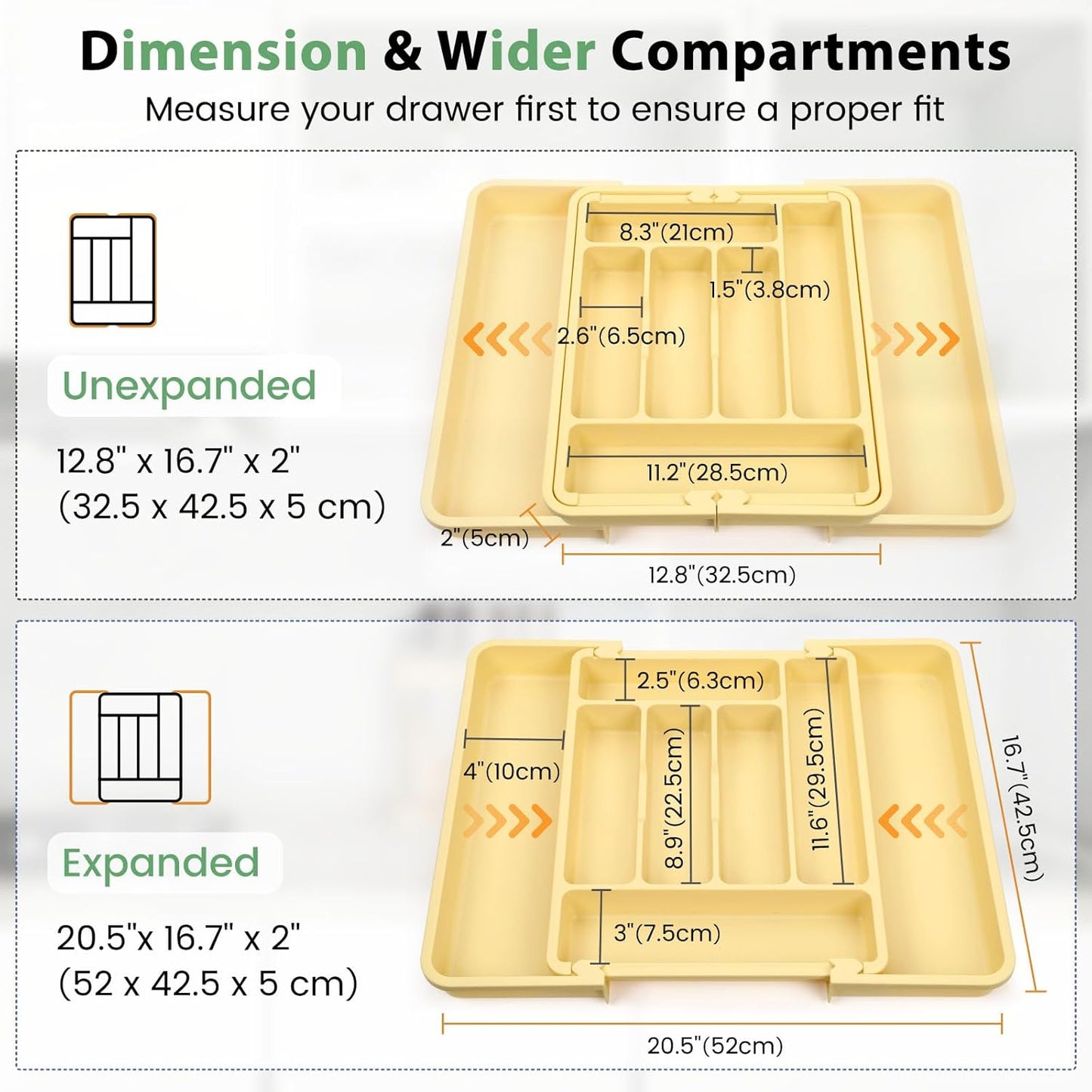 Caperci Large Silverware Organizer for Kitchen Drawer & Utensils - Expandable Drawer Organizer for Cutlery, Flatware & Gadget, BPA-Free Thick Plastic, Wider Compartments & Non-skid Feet (Desert Sand)