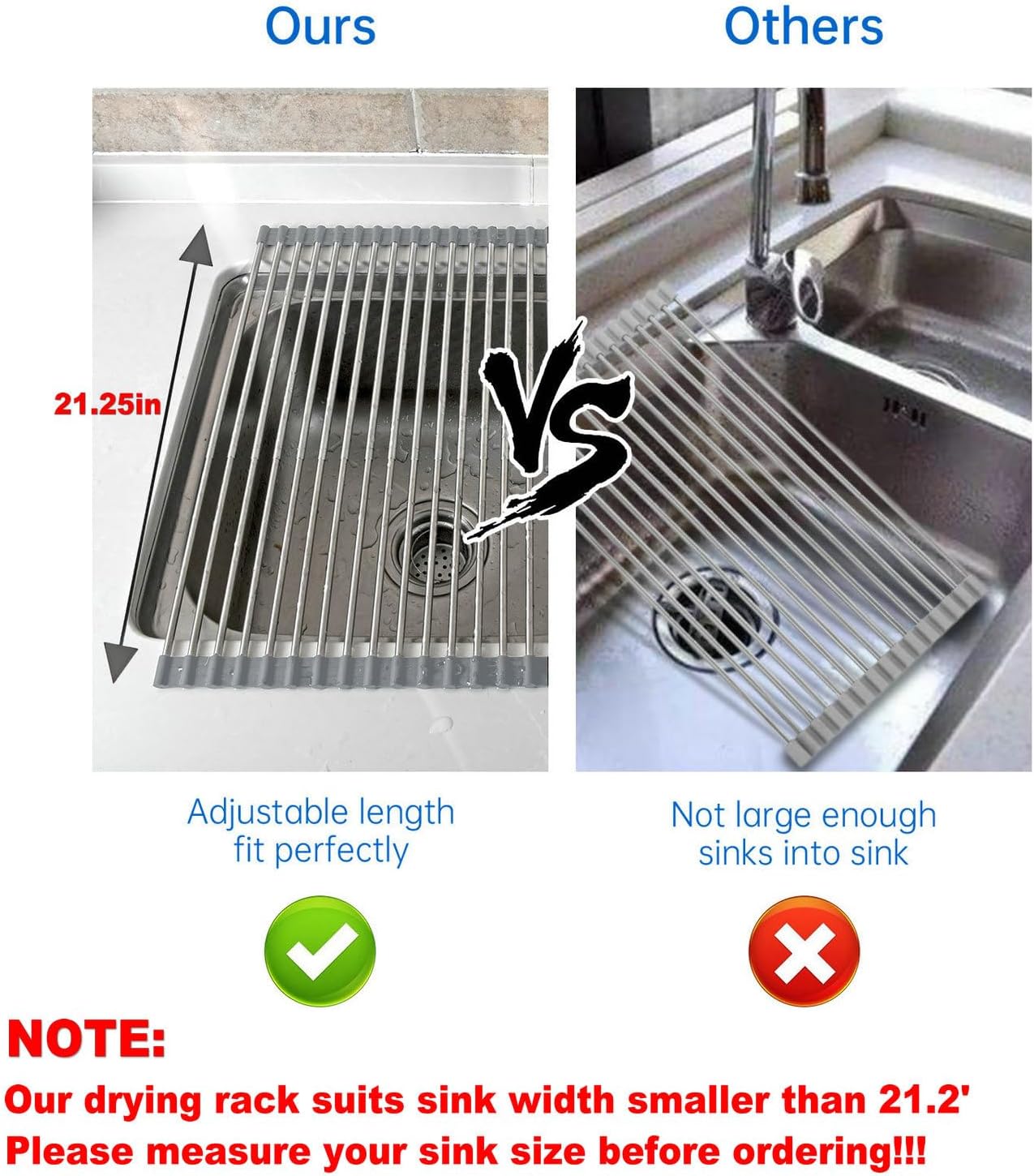 CHIRISEN Expandable Large Roll Up Dish Drying Rack, 18 Tubes 21.25x12.79'' Collapsible Over The Sink Rack, Non-Slip Silicone Rolling Dish Drainer Stainless Steel Rack for Kitchen Sink Counter (Gray)