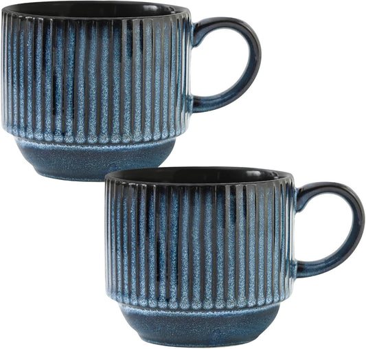 Hasense Coffee Mug Ceramic Set of 2 with Stand - 15 oz Stackable Coffee Cups for Wedding & Housewarming Gifts - Microwave Dishwasher Safe, Navy Blue