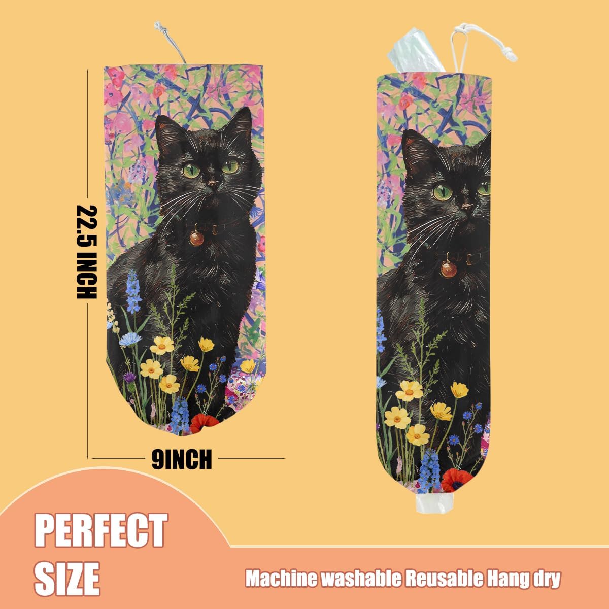Flower Cat Plastic Bag Holder, Wall Mount Grocery Bag Holder, Plastic Storage bag, Pull Rope Free Adjustment, Plastic Bag Holders for Grocery Bags, Cat Lover Plastic Bag Dispenser for Home Kitchen