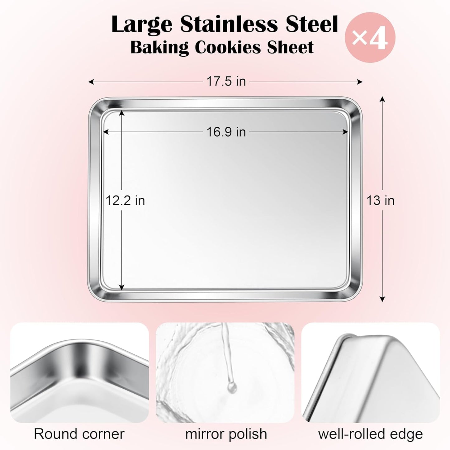 E-far Cookie Sheets Set of 4, 18”x13” Stainless Steel Baking Sheet Pans for Oven, Large Non Toxic Metal Baking Tray for Baking Roasting, Healthy & Rust Free, Mirror Finish & Dishwasher Safe
