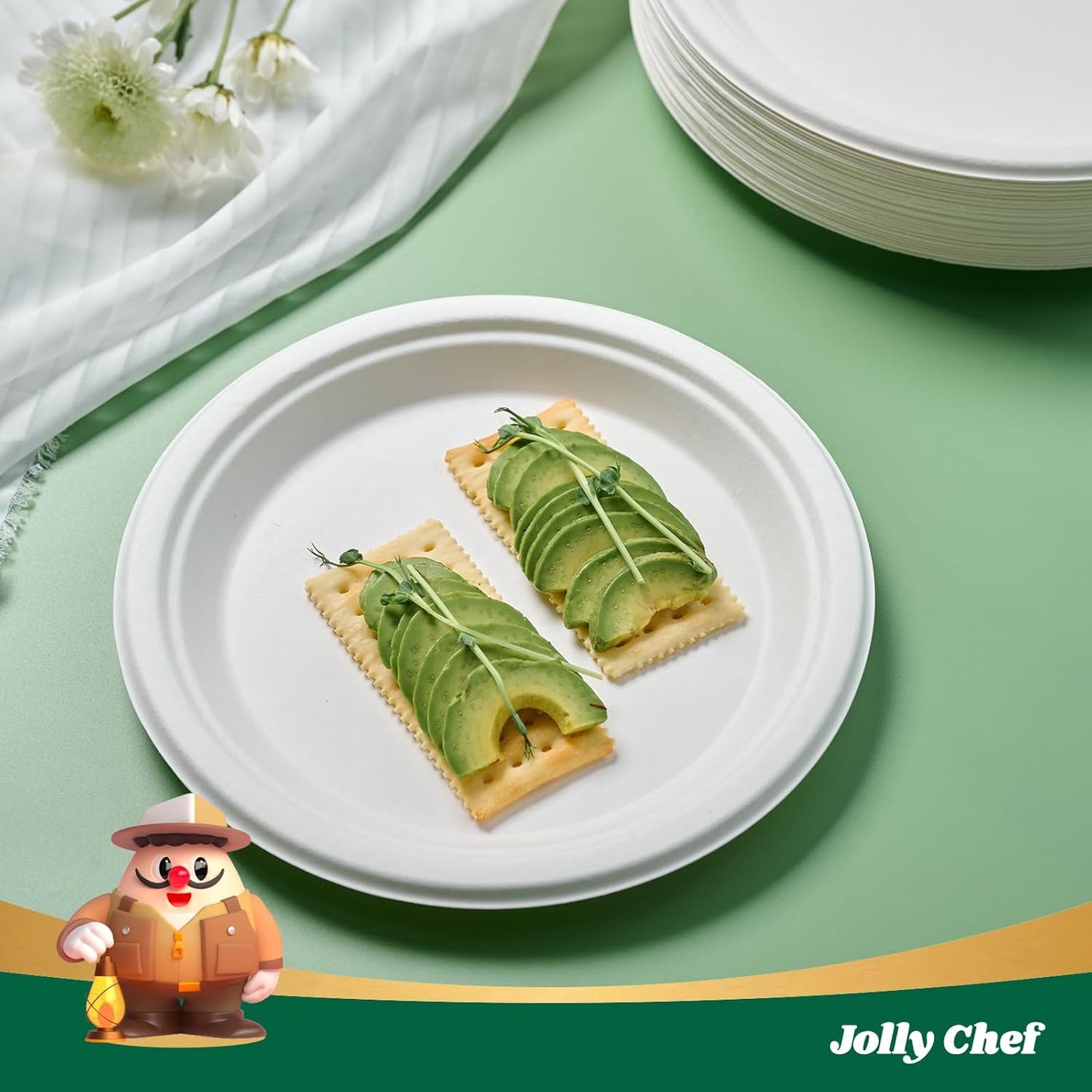 JOLLY CHEF Compostable Heavy Duty Plates 𝟭𝟬 𝗜𝗻𝗰𝗵 [𝟯𝟬𝟬 𝗣𝗮𝗰𝗸] Eco-Friendly Disposable White Paper Plates Made of Bagasse Biodegradable Bulk for Party Dinner Sugarcane Fibers Round 300 Count