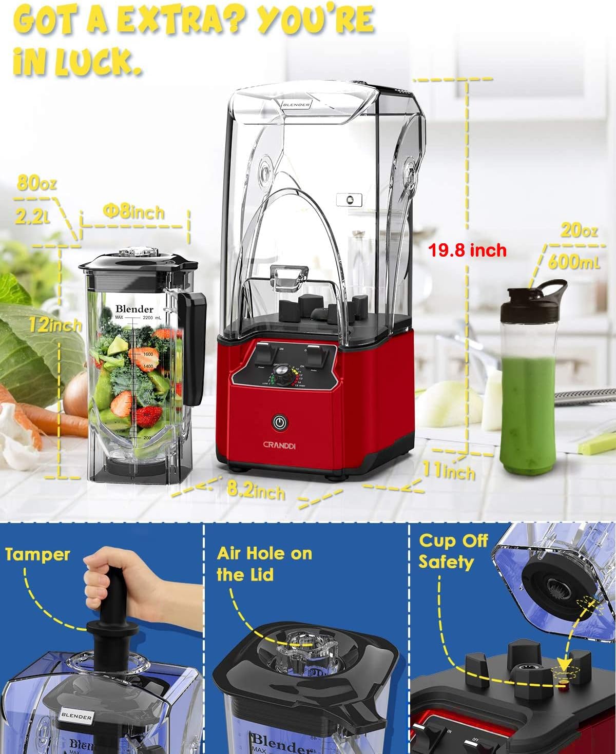 CRANDDI Quiet Commercial Blender with Soundproof Shield, 2200 Watt Professional Blenders for Kitchen with 80oz Pitcher and Self-Cleaning, High-Speed Blenders K90 Red