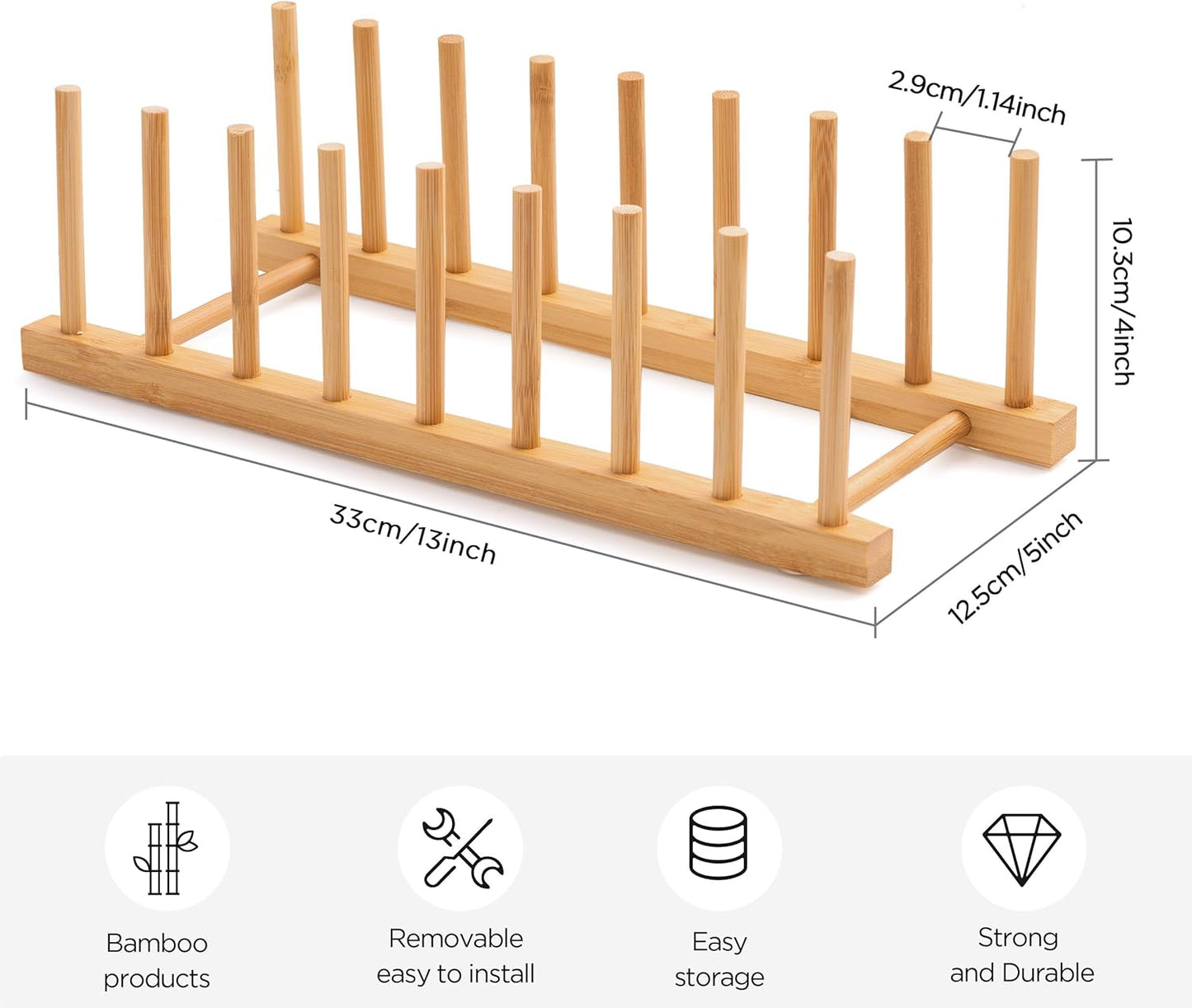Bamboo Dish Drying Rack for Kitchen Counter and Cabinet, Dish/Book/Plate/Bowl/Cup/Cutting Board/Pot Lid Organizer for Kitchen, Living Room, Study, Display Cabinet (8 Slots)