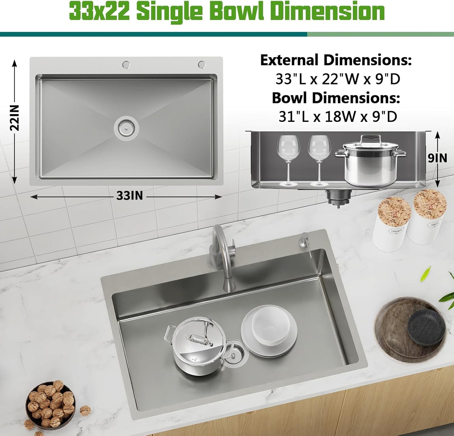Kitchen Sink, 33x22 Inch Stainless Steel Drop In Modern Single Bowl Topmount Kitchen Sink Combo-Silicon Mat,Drain Strainer Set Offering Large Basin And Compatibility With Various Kitchen&Bar Style