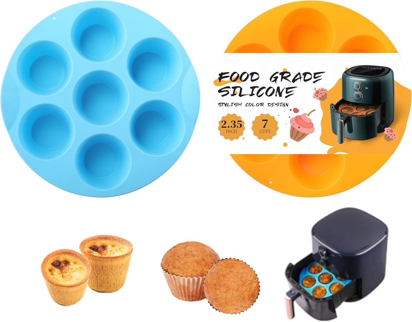2 Pack Silicone Egg Bite Molds, Food Grade 7-Cups Air Fryer Muffin Pan for Baking Mini Muffins, Egg Bite, Tart, Mini Cupcake and Quiche, Nonstick and BPA - Free (Orange+Blue)