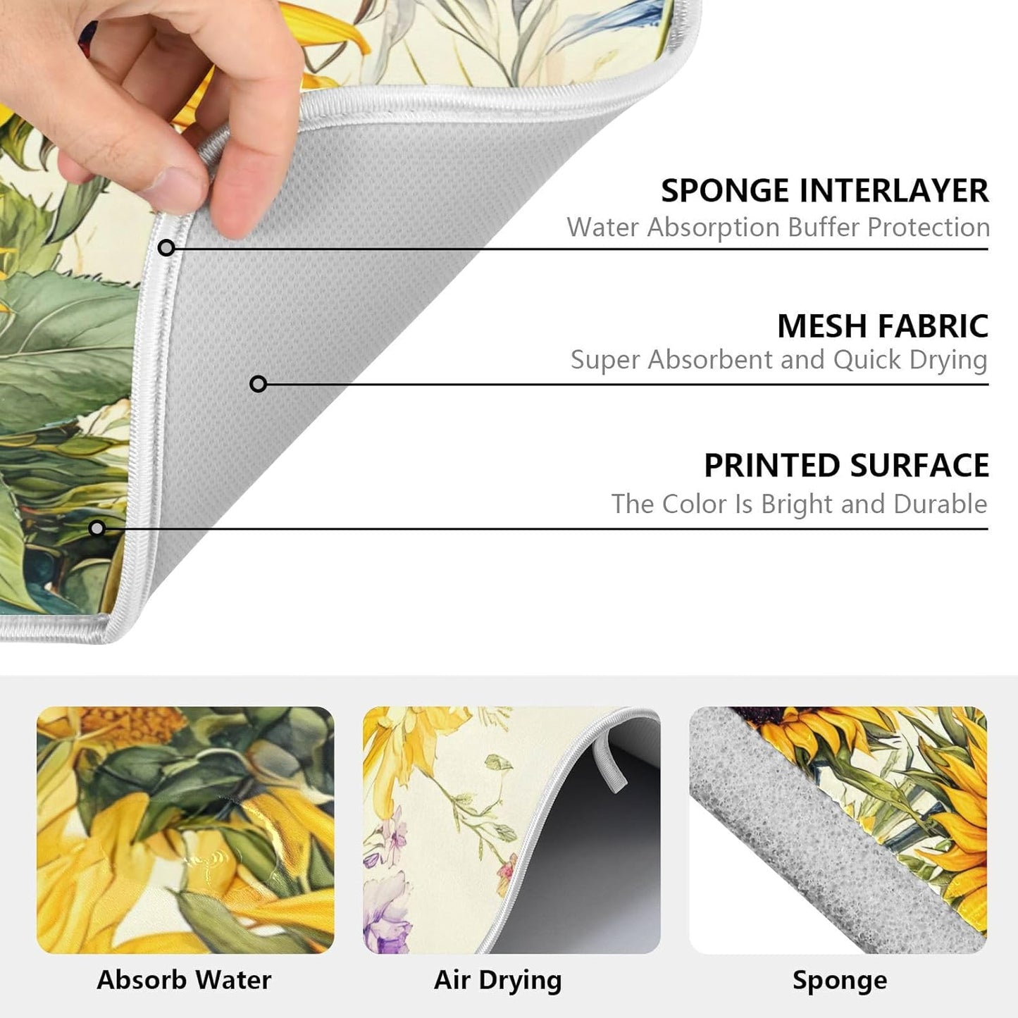 Blooming Sunflowers Dish Drying Mat for Kitchen Counter Absorbent Microfiber Small Drying Pad Dish mats for Kitchen Countertops 16 x 18 Inch