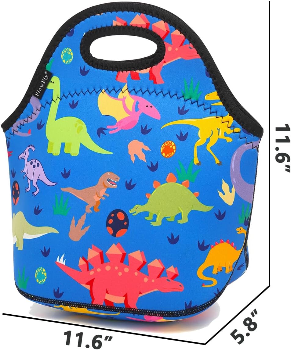 FlowFly Neoprene Kids Lunch box Insulated Soft Bag Mini Cooler Thermal Meal Tote Kit for Boys, Girls,Men,Women,School,Work, Office, Dinosaur