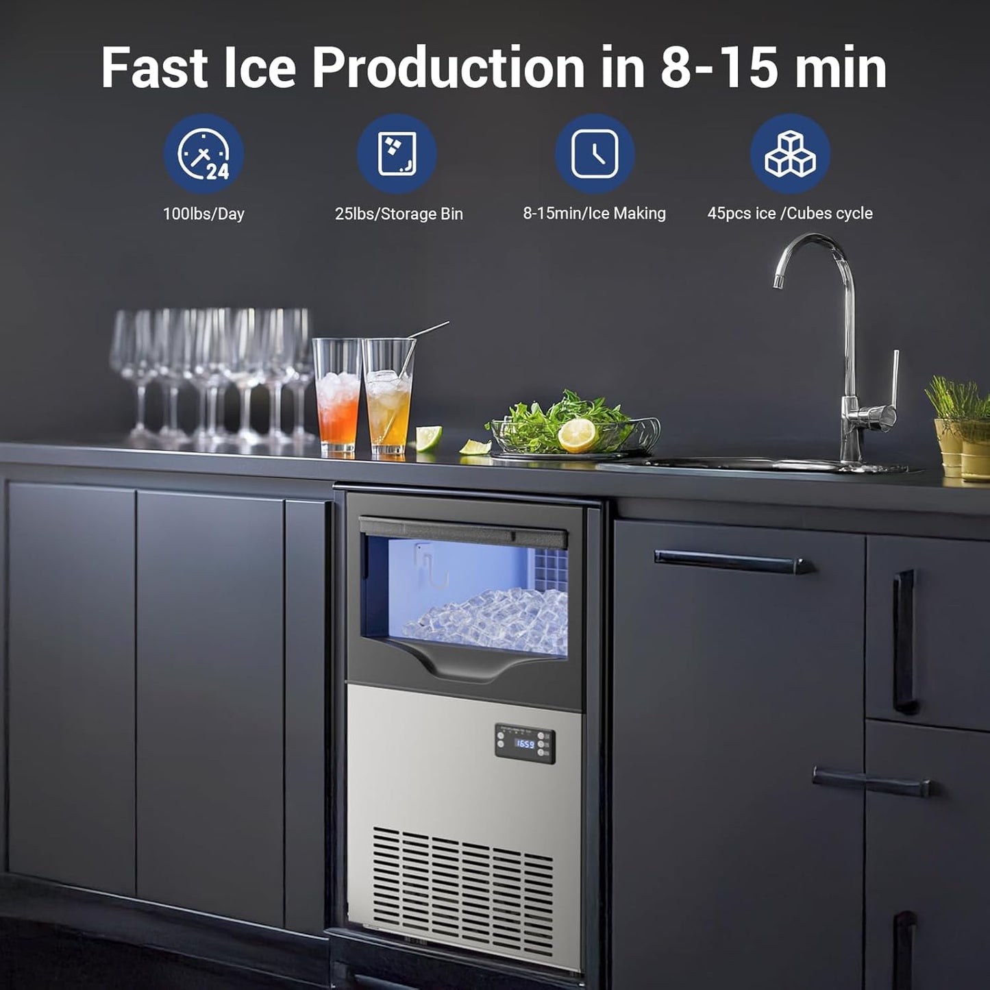 Commercial Ice Maker Machine 15inch Wide 100LBS/24H Stainless Steel Under Counter Ice Machine, Ice Ready in 8-15 min Freestanding Ice Maker for Home Bars and Restaurants