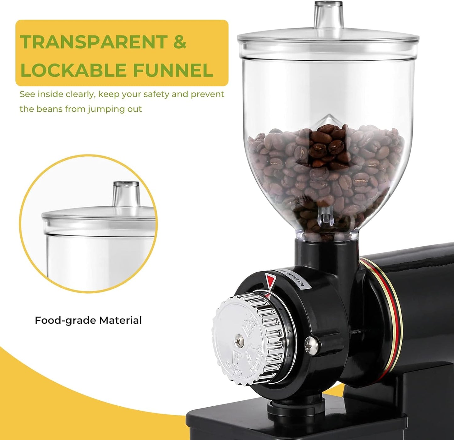 Burr Coffee Grinder Electric Espresso Grinder Commercial & Homeuse Silent Small Coffee Bean Grinder with Hopper Adjustable Grind, With Brush, Spoon, Black