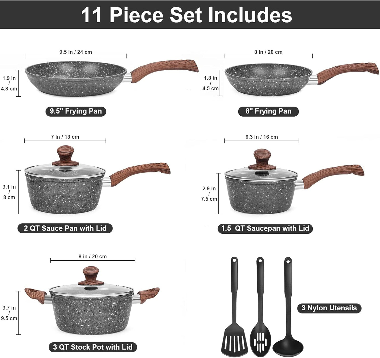 Granite Pots and Pans Set Non Stick, 11 Piece Die-Cast Induction Cookware Set, Nonstick Kitchen Cooking Set w/Frying Pans & Saucepans(PFOS,PFOA,PFAS,PTFE Free)