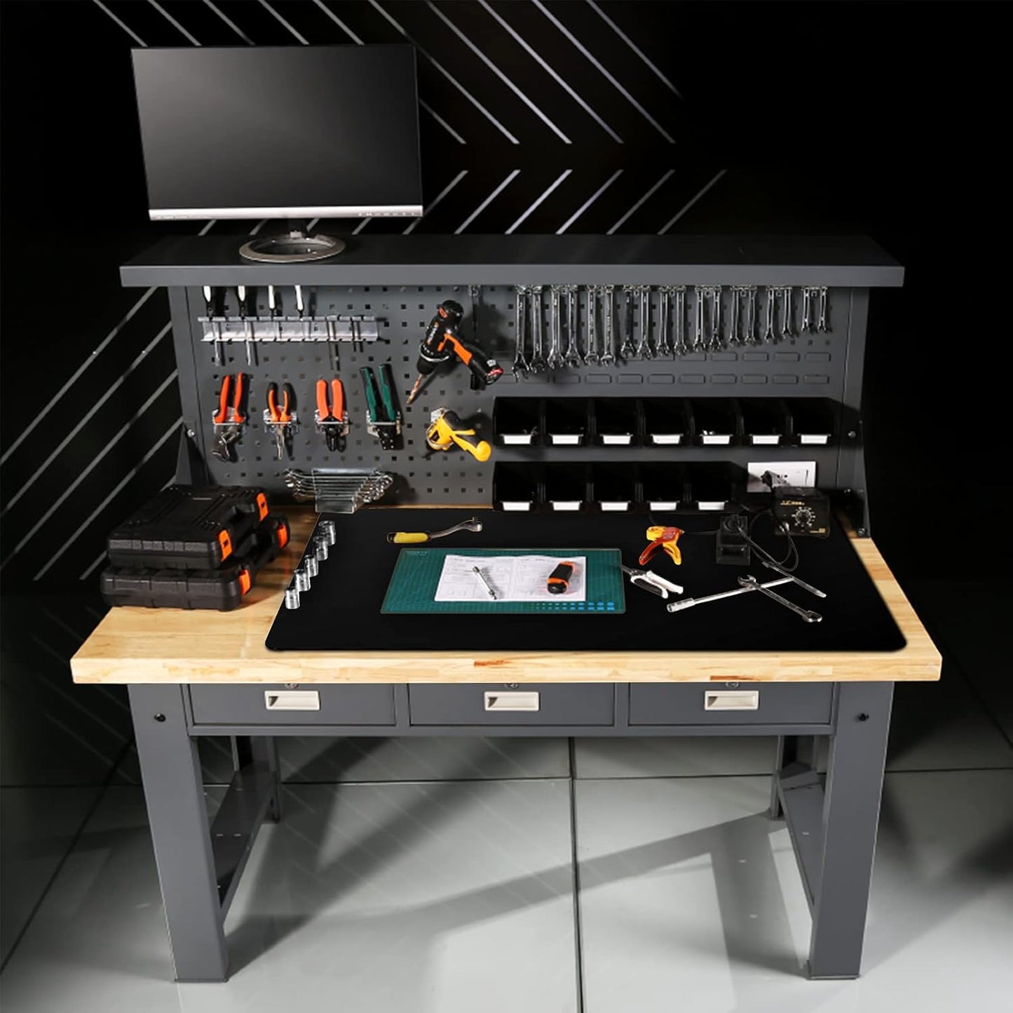 Ewen 25.6x17.7in Large Silicone Kitchen Counter Mat, 2mm Thick Heat Resistant Countertop Protector, Baking Silicone Mat under Air Fryer Toaster Oven Microwave Coffee Maker Cutting Board Drill Black