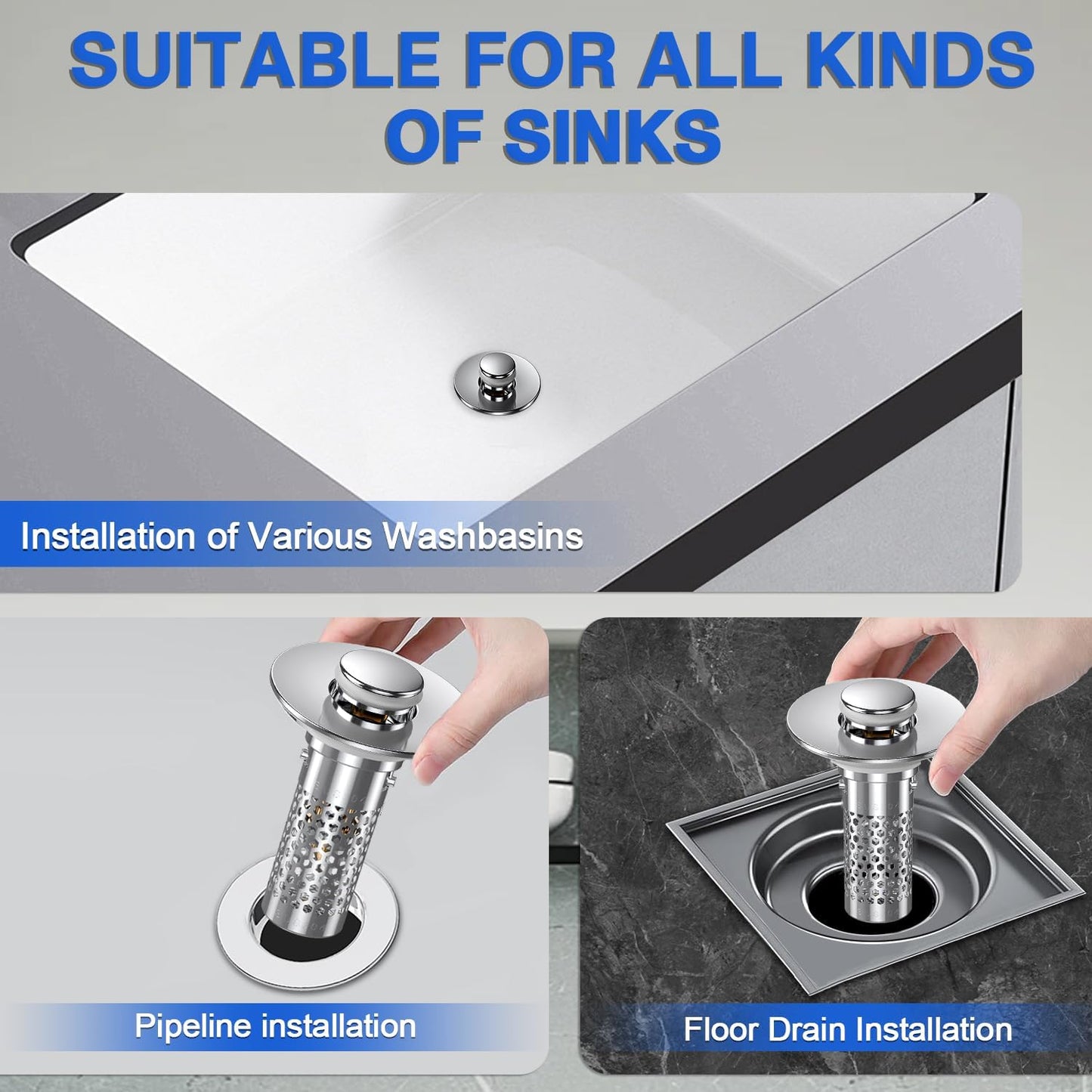 Sink Stopper Hair Catcher, Pop-up Sink Drain Strainer with Removable Stainless Steel Strainer Basket Hair Catcher, Bathroom Sink Strainer for Bathroom Sink Stopper Replacement (New-2PCS)