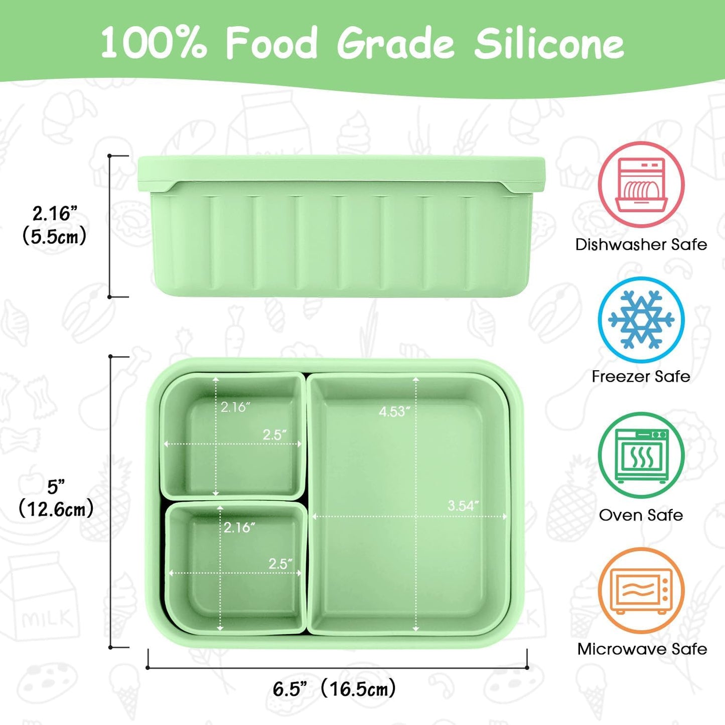 Bento Lunch Box for Kids-Reusable Silicone Kids Bento Box Lunch Container Leakproof Lunchbox Meal Prep Food Storage Containers with 3 Removable Compartments–Dishwasher Safe/BPA Free/Portion Control
