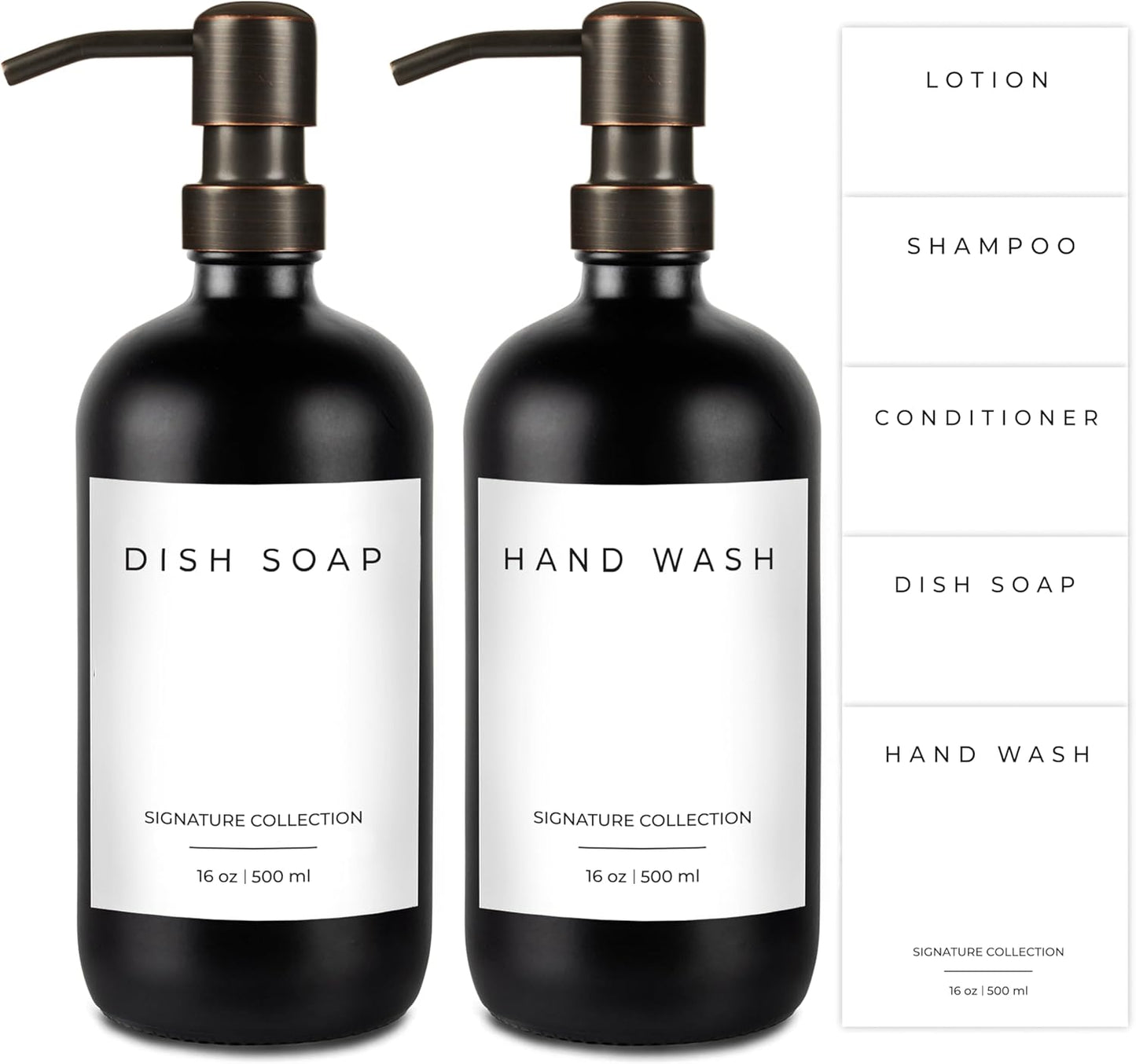 Emerson Soap Dispenser, Dish Soap Dispenser for Kitchen, Bathroom Set - Kitchen Soap Set, Glass Dispenser with Pump and Labels | 16 Oz, 2 Pack