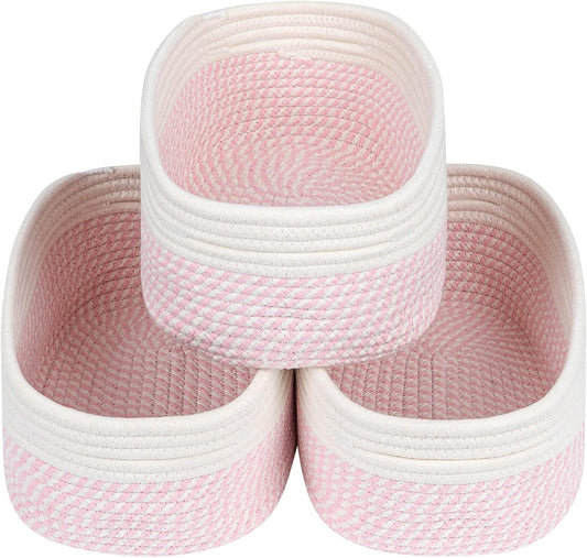 CubesLand Rectangle Organization/Storage Basket, Natural Cotton Rope Woven Baskets for Organizing, Small Basket for Kids, Baby Nursery, Cat Dog Toy Baskets, Organizer Bins for Shelves 3 Packs