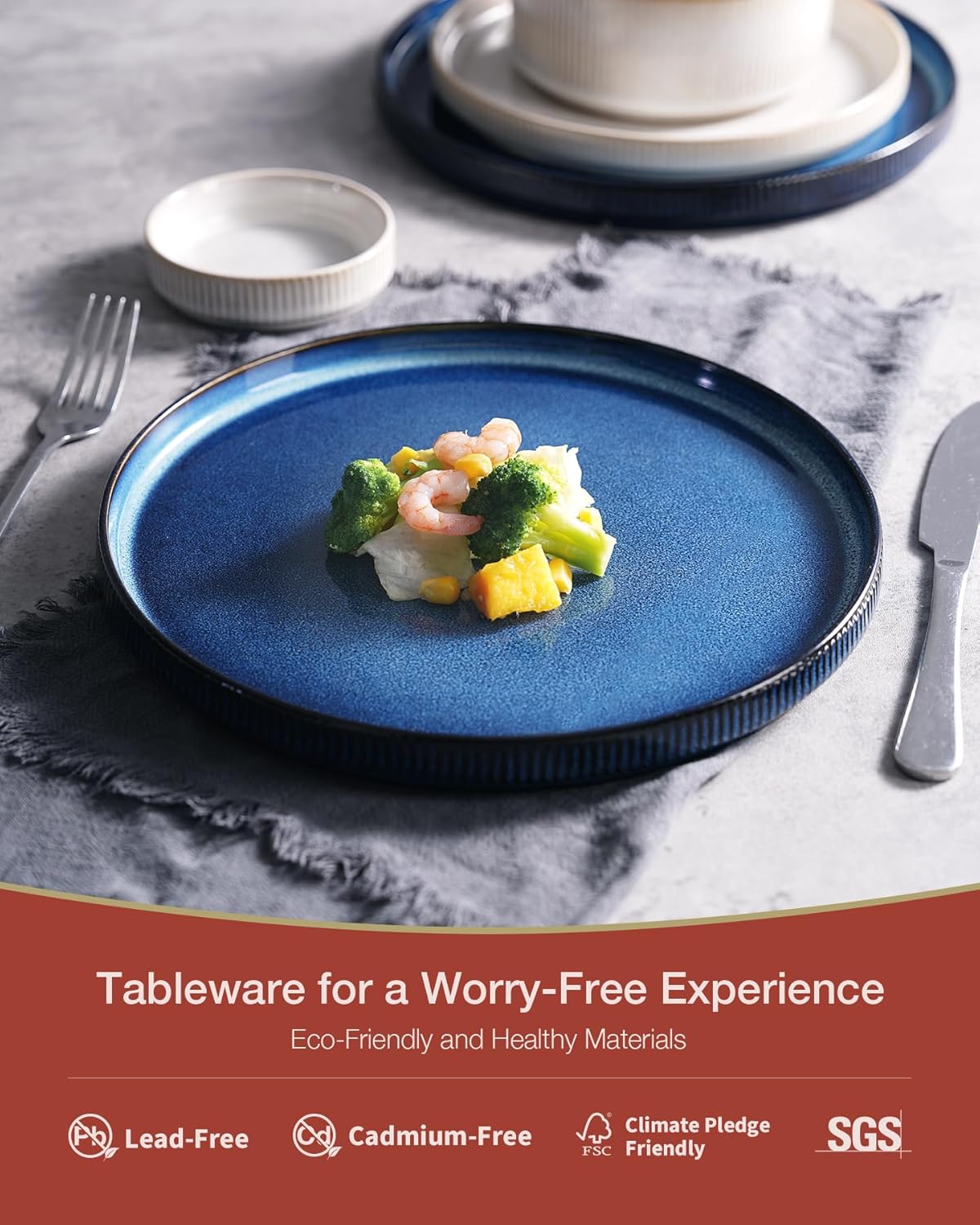 Famiware Star Dinnerware Set, Plates and Bowls Sets for 8 (24pcs), Ribbed Stoneware Dishes - Chip & Scratch Resistant, Microwave & Dishwasher Safe, Multicolor - Cappuccino White & Nebulas Blue