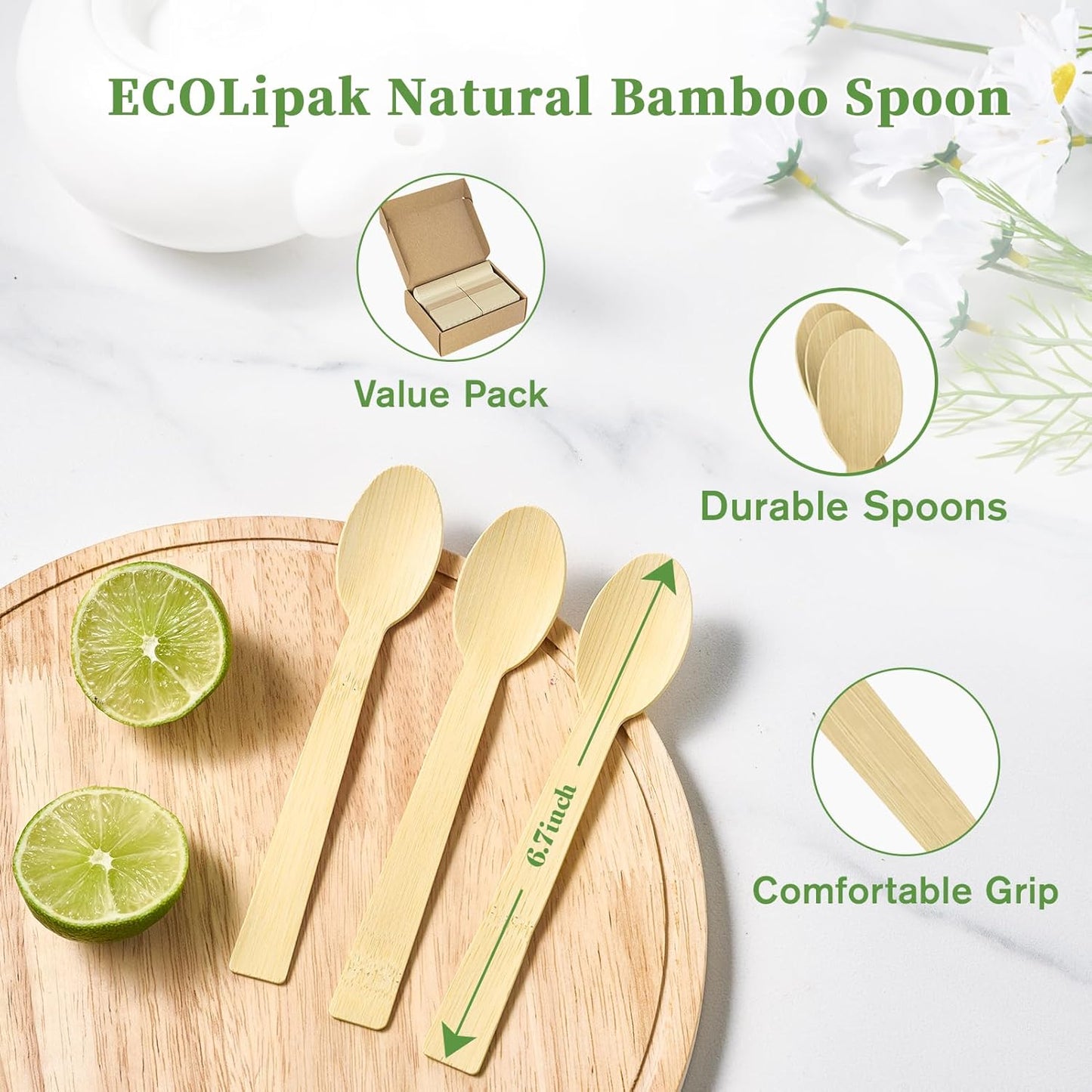 ECOLipak 300 Count Bamboo Spoons Disposable, 6.7 Inch No Splinters Heavy Duty Bamboo Disposable Compostable Spoons for Party, Wedding, Camping, Traveling, Family Dinners, Large Events
