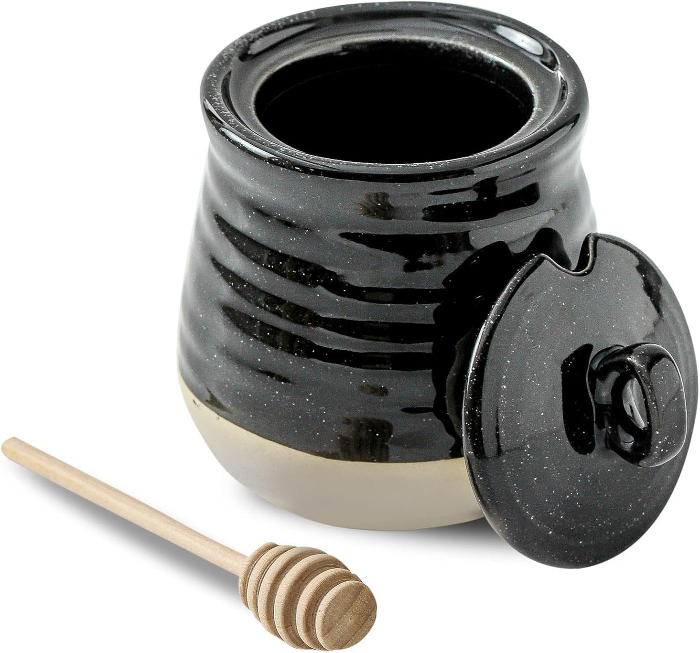 Ceramic 12 Ounce Honey Jar and Dipper Set,Porcelain Honey Pot with Lid and Wooden Dipper,Cute Honey Containers for Party,Holiday,Halloween Favors,Farmhouse Kitchen Decor,Dishwasher Safe,Black