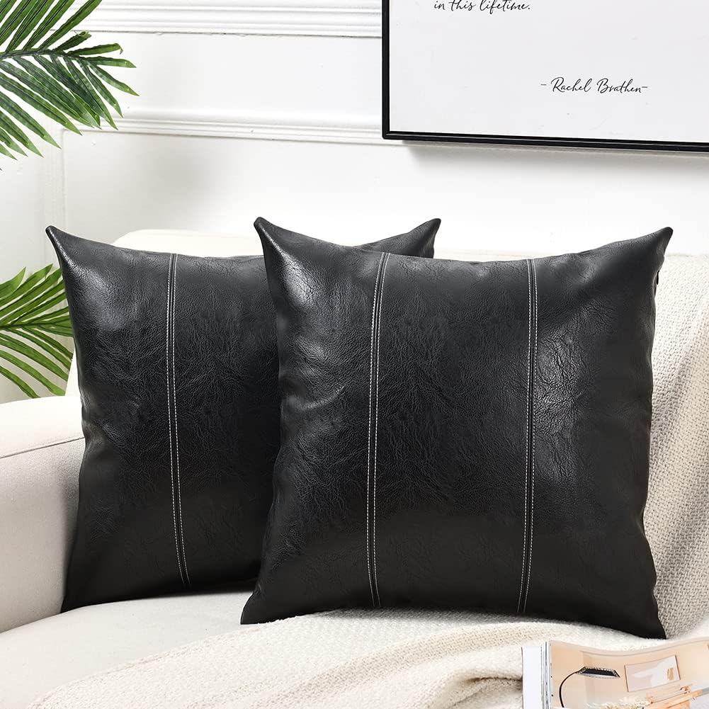 Fancy Homi Black Boho Faux Leather Decorative Throw Pillow Covers 18x18 Inch for Living Room Couch Bed Sofa, Rustic Modern Farmhouse Home Decor, Hand Stitched Square Cushion Case 45x45 cm
