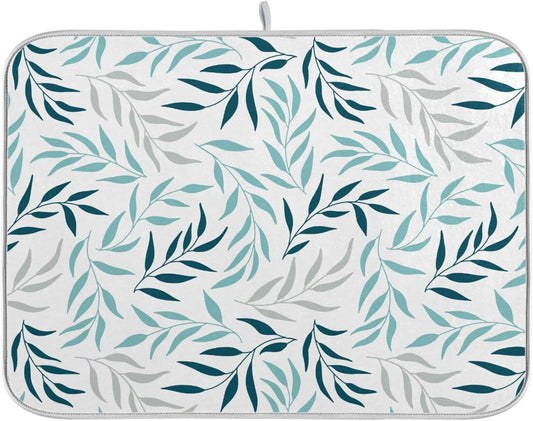 Blue Grey Olive Leaves Dish Drying Mat for Kitchen Counter Absorbent Microfiber Drying Pad, Medium 16x18 in, Reversible Drainer Mats