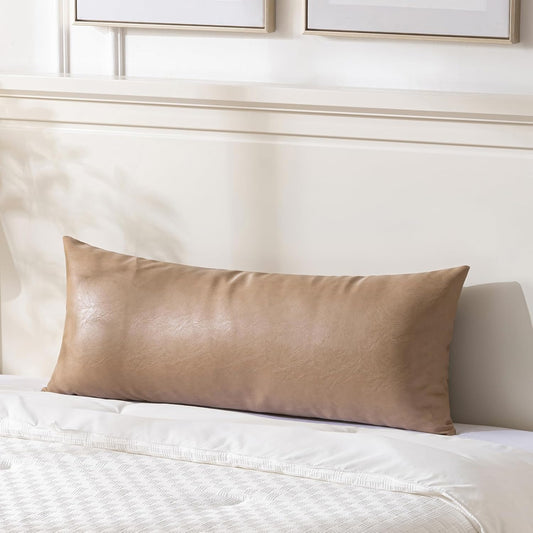 Fancy Homi Tan Boho Long Lumbar Faux Leather Body Decorative Throw Pillow Cover 14x40 Inch for Bedroom Couch Bed Sofa, Stylish Solid Rectangular Beige Pillowcase, Rustic Modern Farmhouse Room Decor