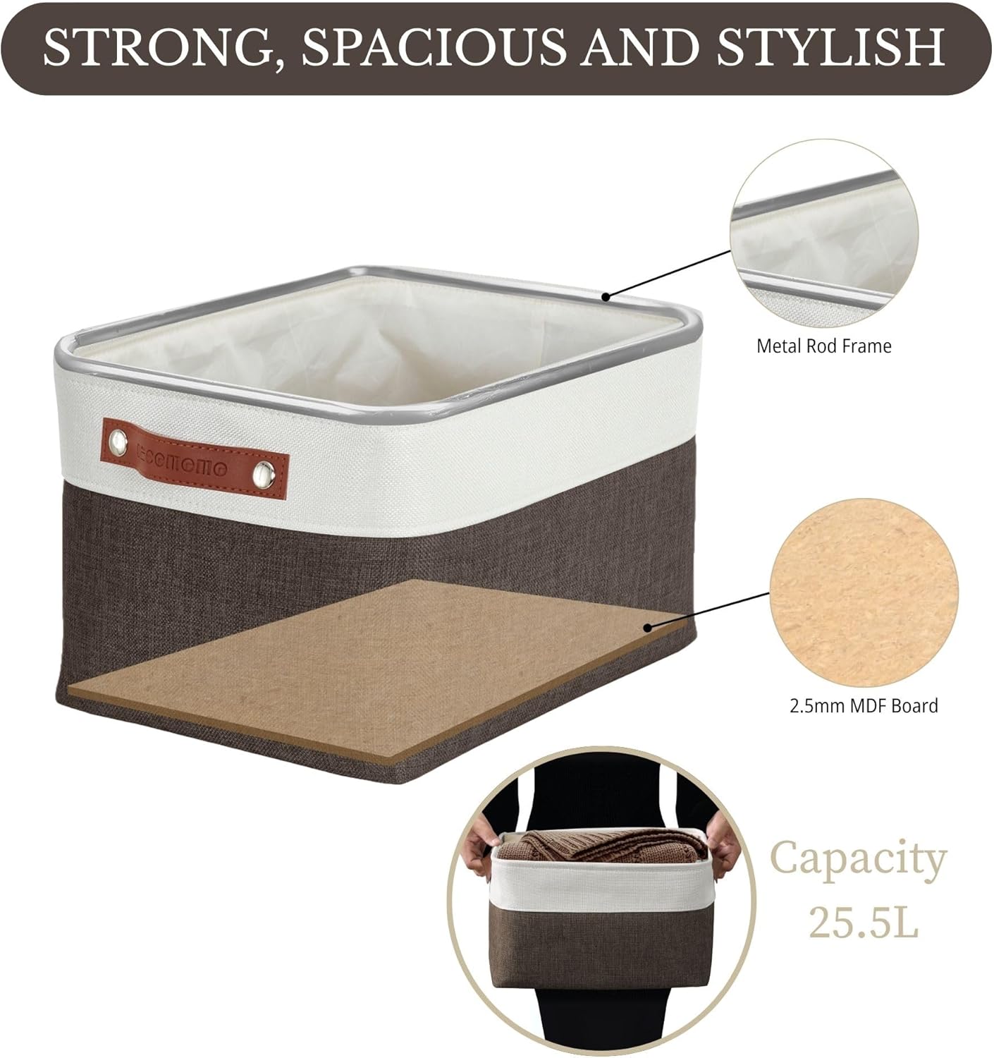 DECOMOMO Storage Baskets for Shelves - Fabric Storage Bins, Linen Closet Organizers and Storage (Brown & White, Large - 3 Pack)