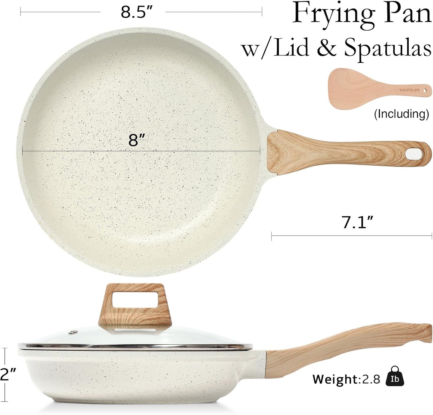 ESLITE LIFE Nonstick Ceramic Frying Pan Skillet with Lid, Non-Toxic Egg Omelette Kitchen Cooking Pans Compatible with All Stovetops (Gas, Electric & Induction), PTFE & PFOA Free (White, 8" w/Lid)