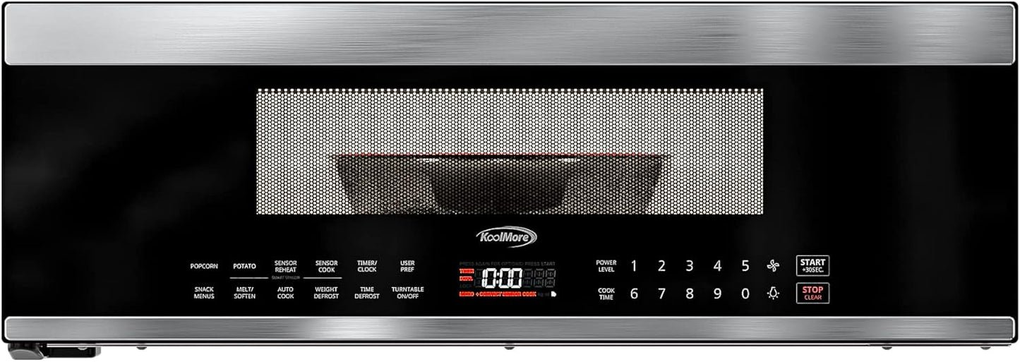 KoolMore KM-MLPOT-1SS 30 Inch Over-The-Range Low Profile Microwave, Built-in, 10 Levels, 13.5” Glass Turntable, 1000-Watt Power, Advanced Air Vent, and Heat Circulation, 30 in/1.2 Cu. Ft, Silver