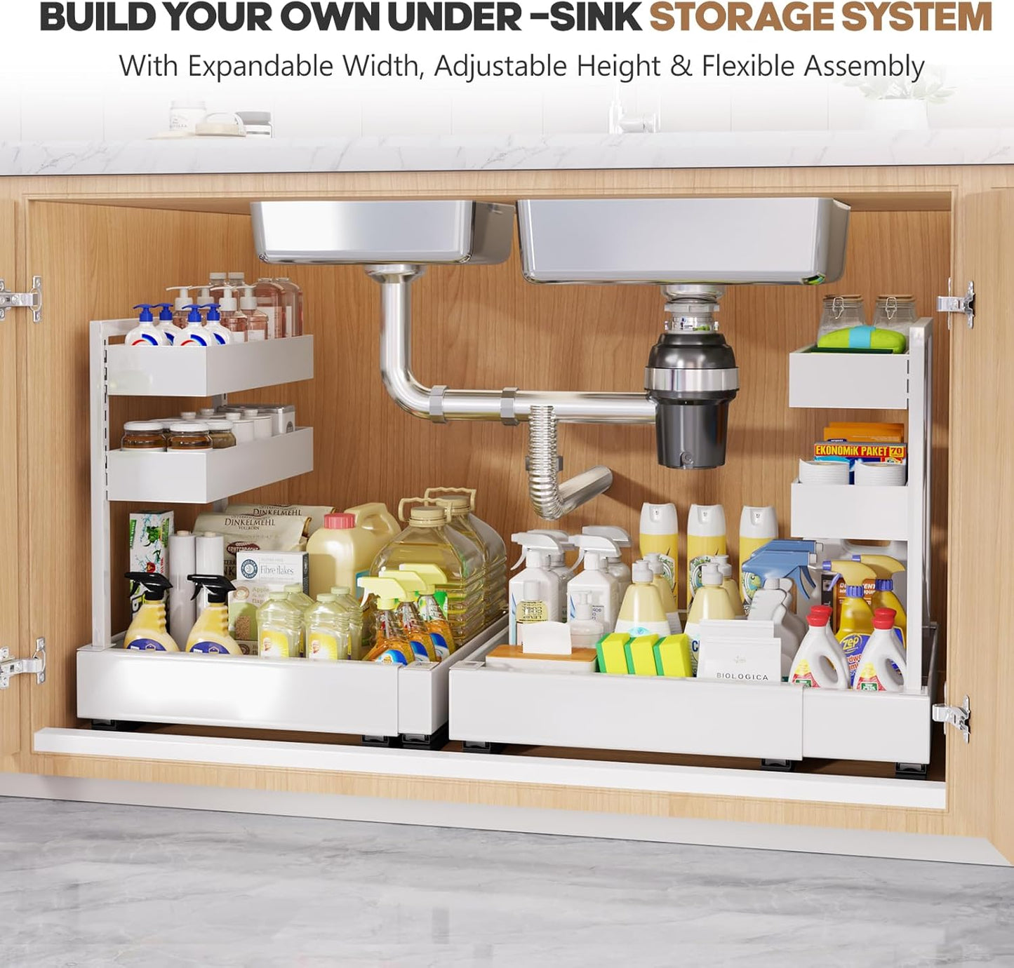 Expandable Under Sink Organizer with 3 Ball-Bearing Slide Rails, 2-Tier Pull-Out Under Cabinet Storage Shelf for Kitchen & Bathroom, Height-Adjustable Slide-Out Cabinet Drawer （White, 1-Pack）