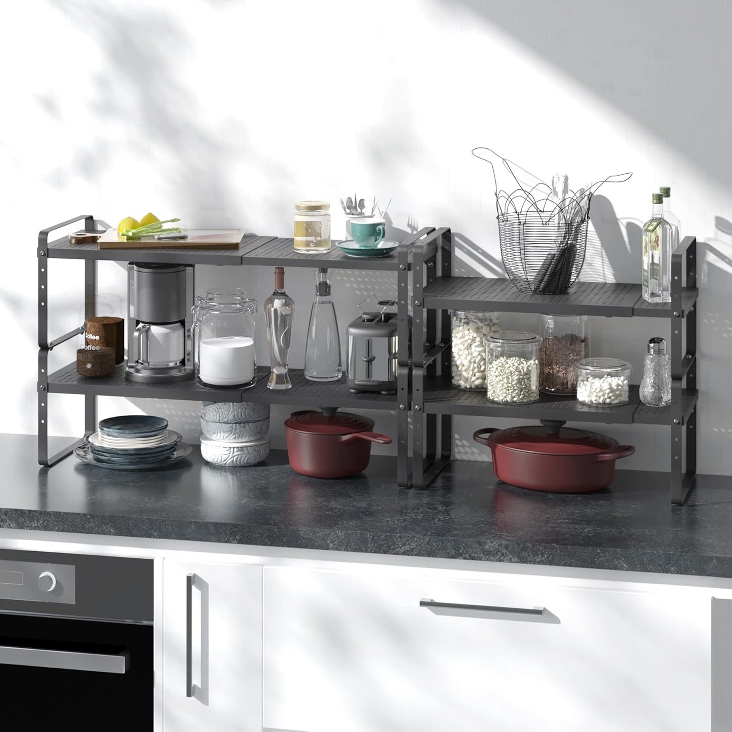 Expandable Cabinet Shelf Organizer Adjustable Metal Spice Rack Stackable Freestanding Counter Storage Shelves for Kitchen Cabinet Under Sink Office Desk (Black - 2Pack - L16.5-27'' * W10.2'' * H9.6'')