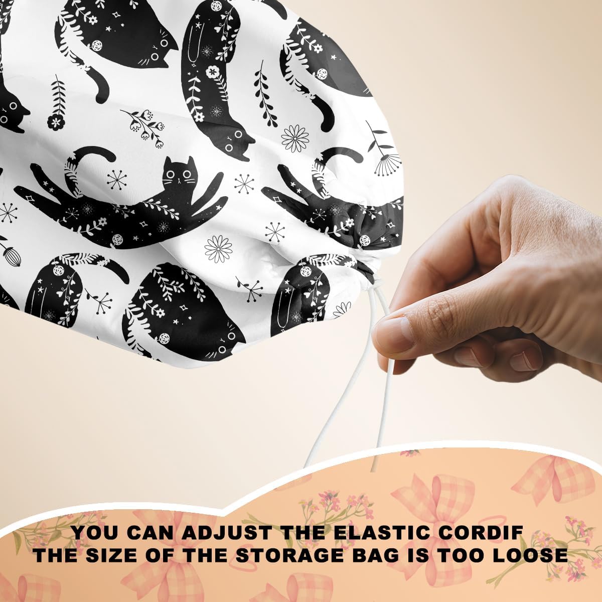 Black White Floral Cat Plastic Bag Holder, Wall Mount Grocery Bag Holder for Plastic Bags, Vibrant Cats Reusable Grocery Bags Storage Dispenser for Home Kitchen Decor, Cat Lover Gifts for Women