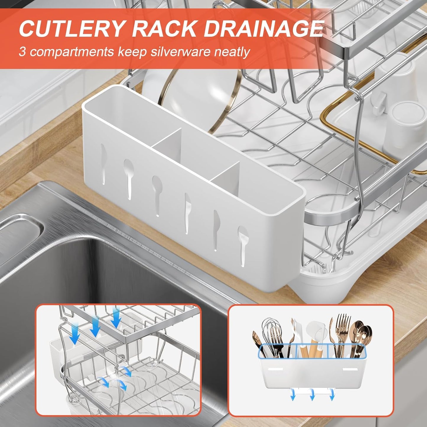 Dish Drying Rack for Kitchen Counter, 2-Tier 304 Stainless Steel Dish Rack with Adjustable Drainage Board, Removable Cup Holder, Utensil Holder, White