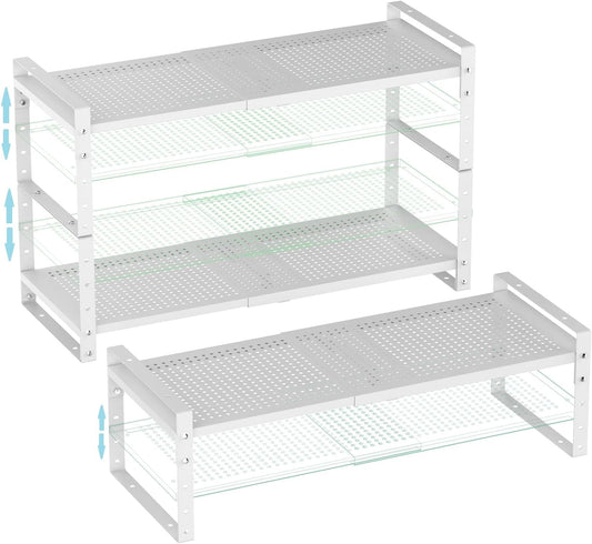 Expandable Shoe Rack Stackable Metal Pantry Storage Shelves Stand Adjustable Height Cabinet Shelf Organizer Racks Spice Shelving(3PACKS/WHITE,MEDIUM)