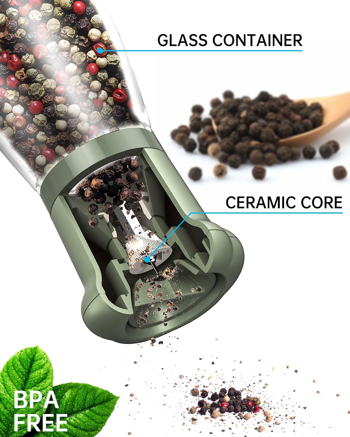 CIRCLE JOY Manual Salt and Pepper Grinder Set For Professional Chef, Refillable Salt and Pepper Shakers with Ceramic Blades, Adjustable Coarseness and BPA-free 180ml Glass Container, Tall Green