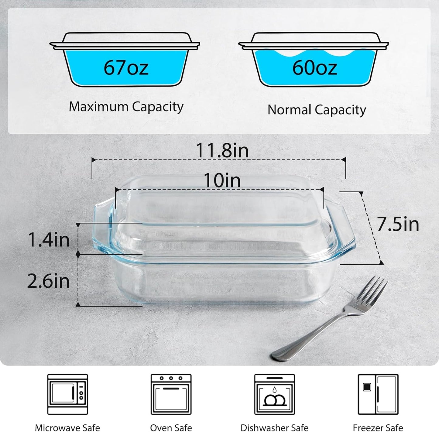 NUTRIUPS 2 QT Rectangular Glass Casserole Dish With Lid, (11.8×7.5×4in) Glass Casserole Dish for Oven
