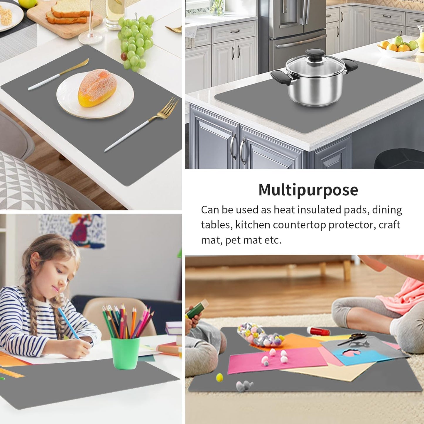 Extra Large Silicone Table Mat, Genuine Food-Grade Silicone Mat for Crafts Kids Dinner Placemat Desk Countertop Waterproof Protector Heat Insulation Kitchen Pastry Rolling Dough Pad (Dark Gray)