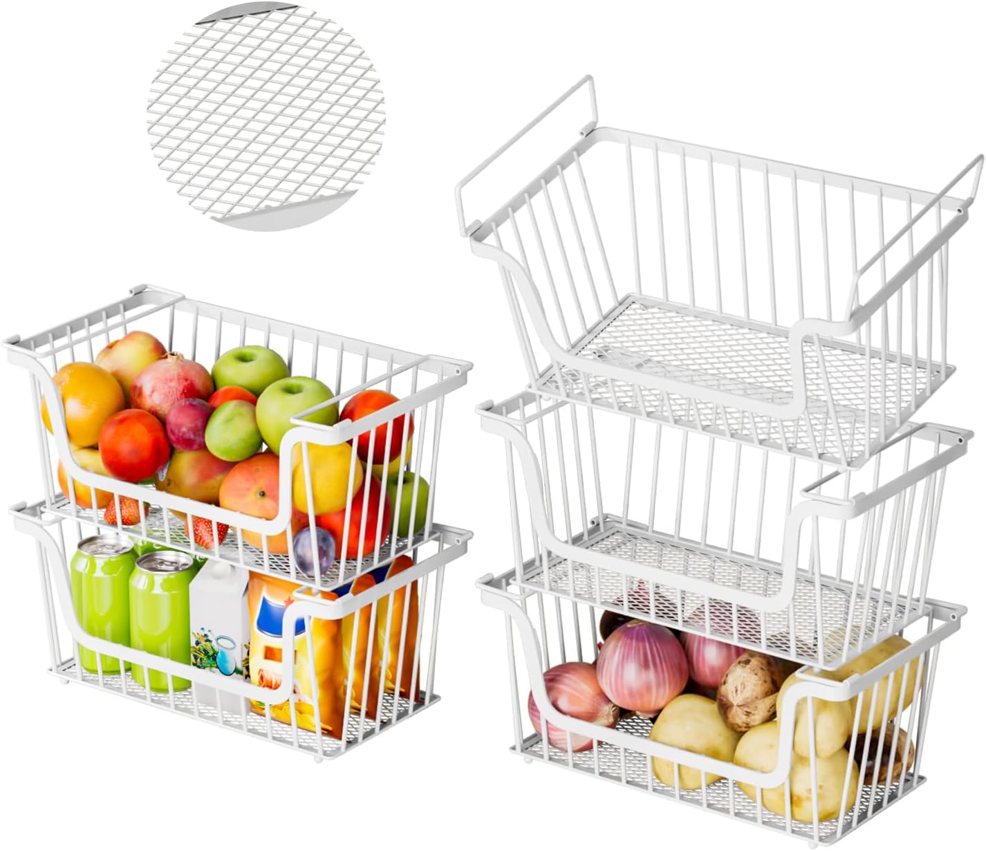 Enhanced Leak-Proof Bottom Stackable Wire Baskets, 5 Pack Pantry Organizers and Storage, pantry storage，Shelf Baskets, Fruit Basket, Potato and Onion Storage Bins，(White)
