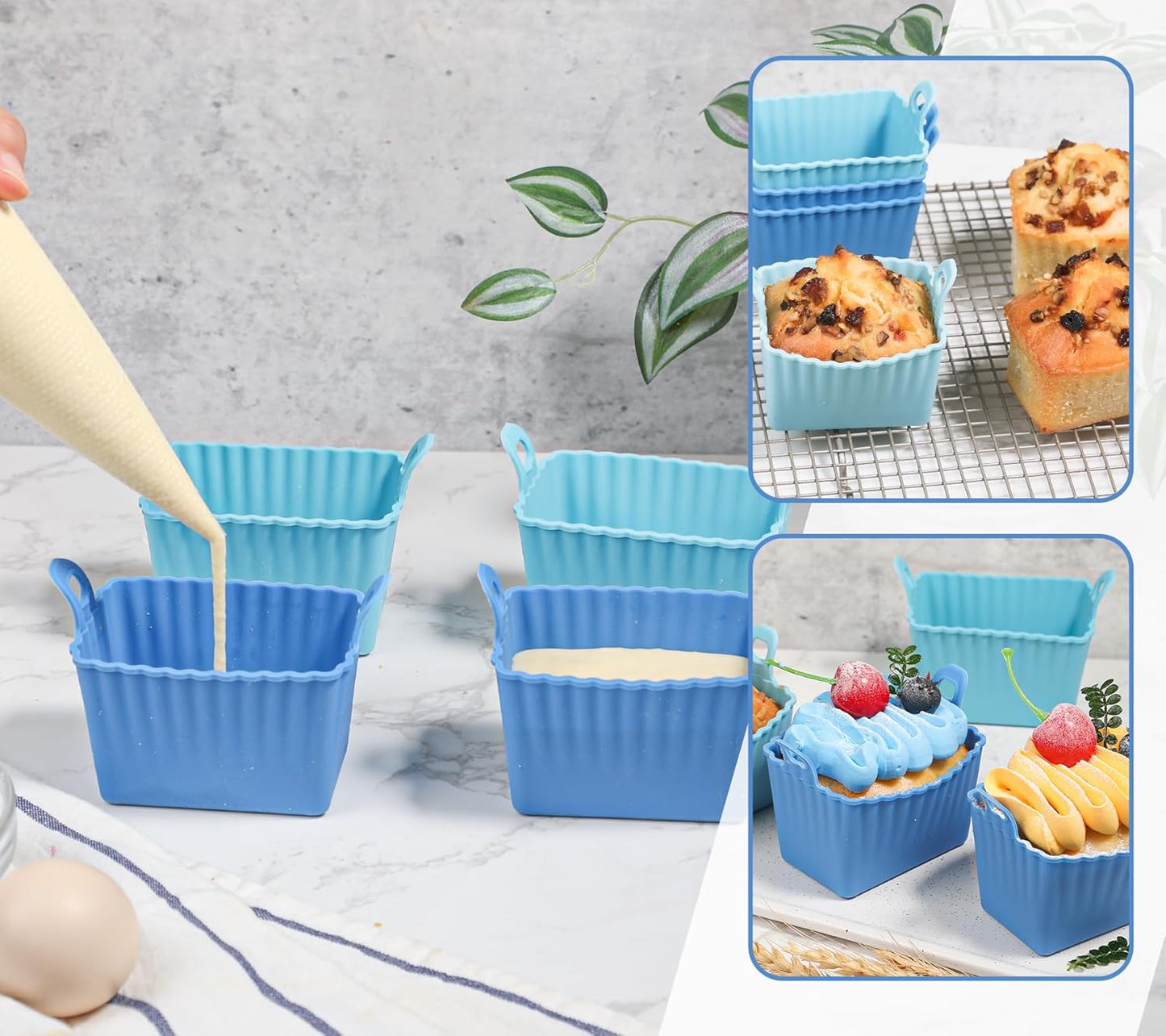 Koluti Nonstick Silicone Muffin Baking Cups Pack of 4, Reusable Cupcake Molds with Double Handle, BPA Free, Small Rectangle Air Fryer Cupcakes Liner, 2 Colors