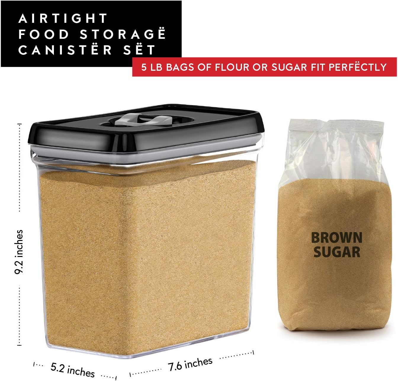 DWËLLZA KITCHEN Large Airtight Food Storage Containers - Clear Plastic Bulk Food Pantry & Kitchen Storage Containers for Flour, Sugar and Baking Supplies 4 Pcs. BPA-Free, Keeps Fresh & Dry (Black)