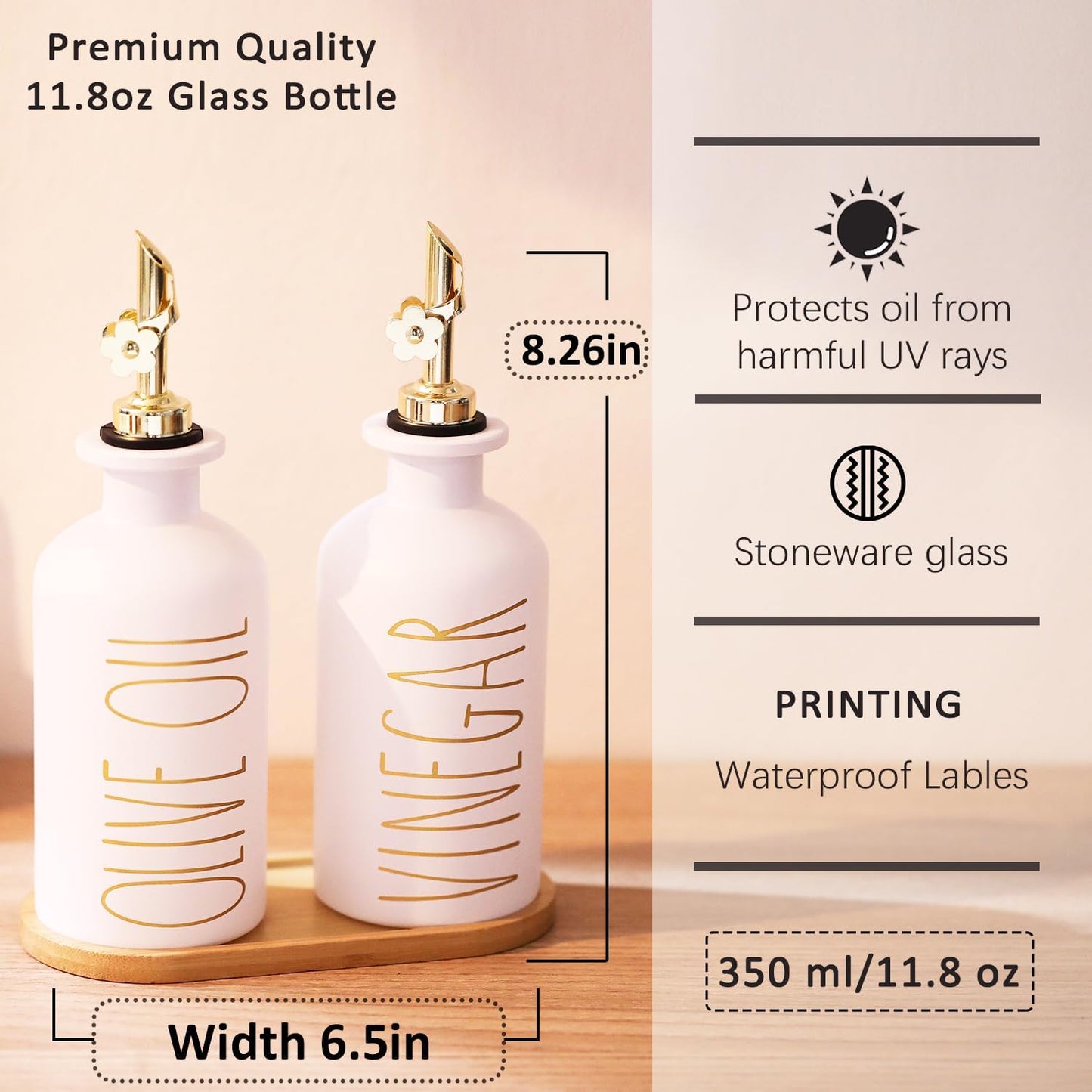 HOMCDALY Premium Olive Oil Dispenser for Kitchen, 11.8oz Glass Oil Bottles with Bamboo Tray, White and Gold Oil&Vinegar Cruet Set, Kitchen Dispenser Bottles with Pourer| Set of 2 (11.8oz –P–Gold)