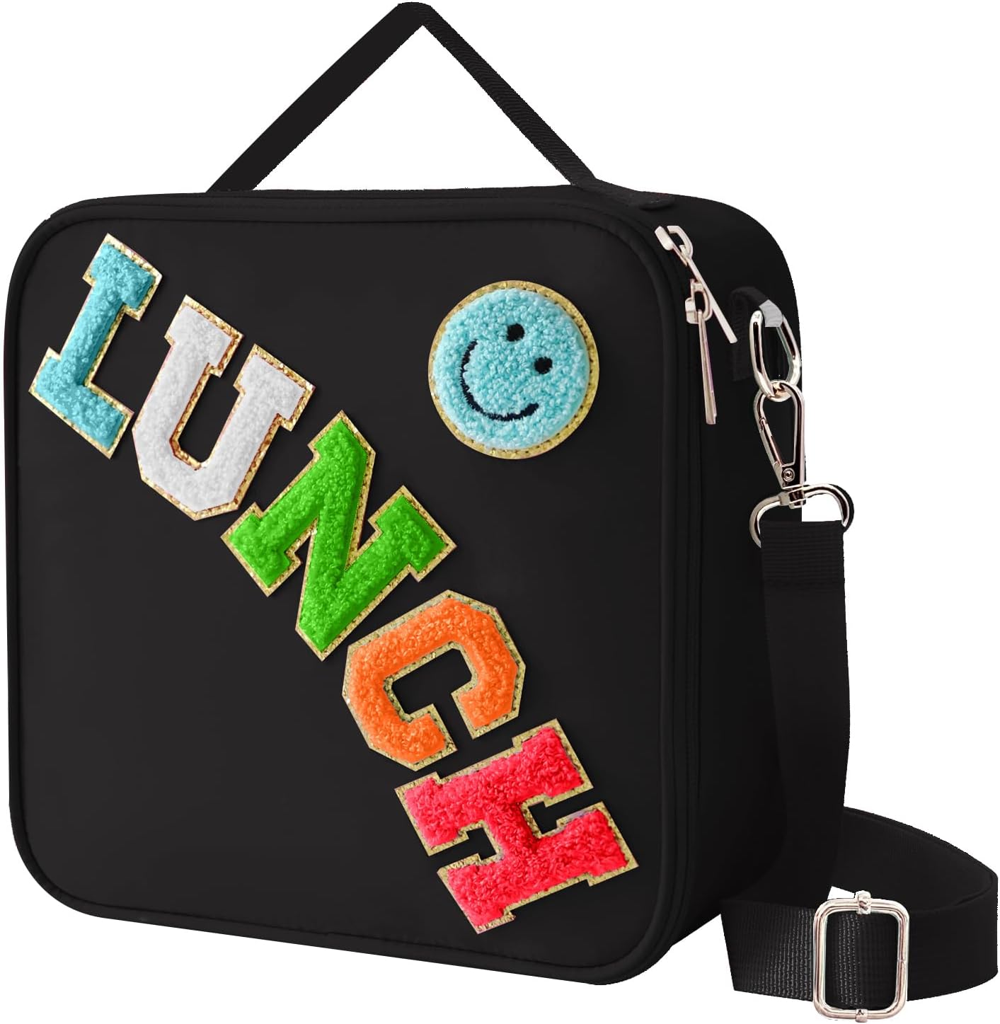 Insulated Lunch Bag With Adjustable Shoulder Strap, Nylon Preppy Lunch Box Large Insulated Lunch Bag Reusable Lunch Tote Bag with Smiley Preppy LunchBag for Girls School Travel Picnic (Black)