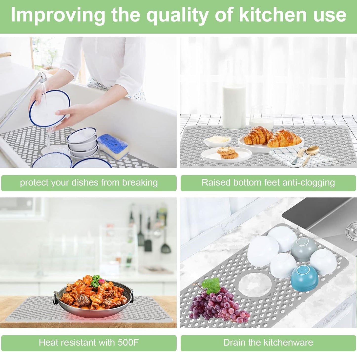 Kitchen Sink Protectors, 24x12 Heat Resistant Mat for Stainless/Porcelain Sink, No-Slip Grid (Grey)