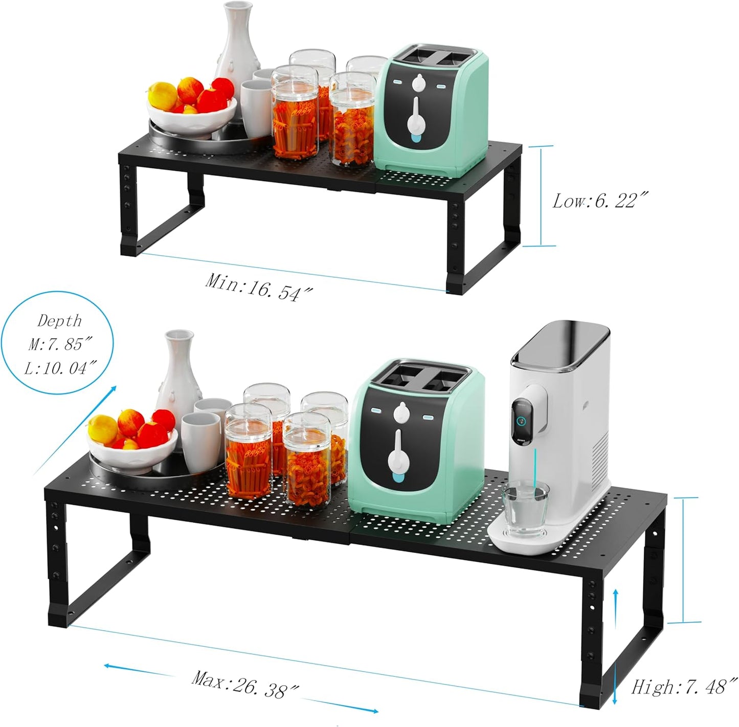 Expandable Spice Rack Kitchen Cabinet Shelf Organizer, Stackable Storage Shelves Racks, Adjustable Counter Shelving for Cabinets, Countertop, Cupboard,Pantry and More(3Packs/Black/Large)