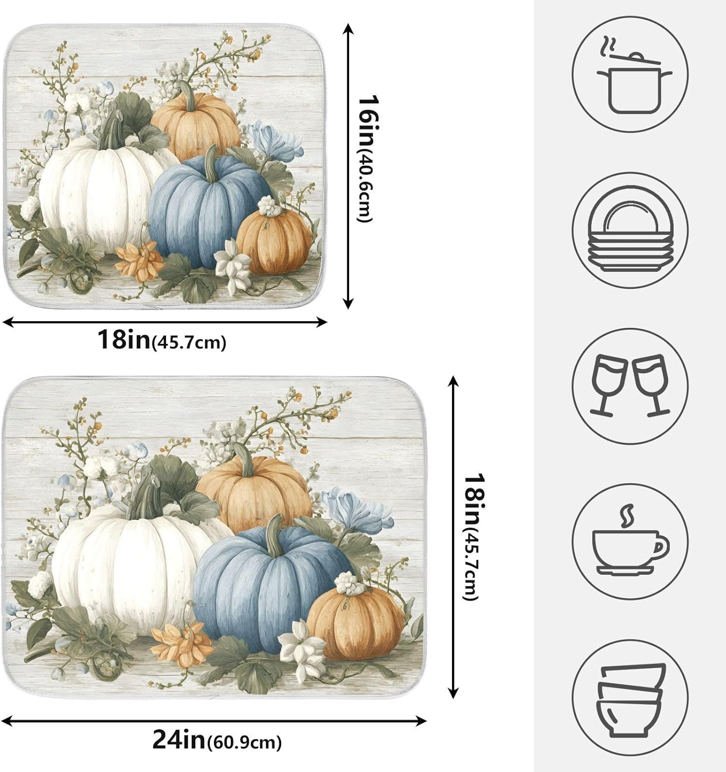 Fall Blue Orange Grey Pumpkin Thanksgiving Dish Drying Mat for Kitchen Counter Absorbent Microfiber Large Drying Pad Dish mats for Kitchen Countertops 18 x 24 Inch
