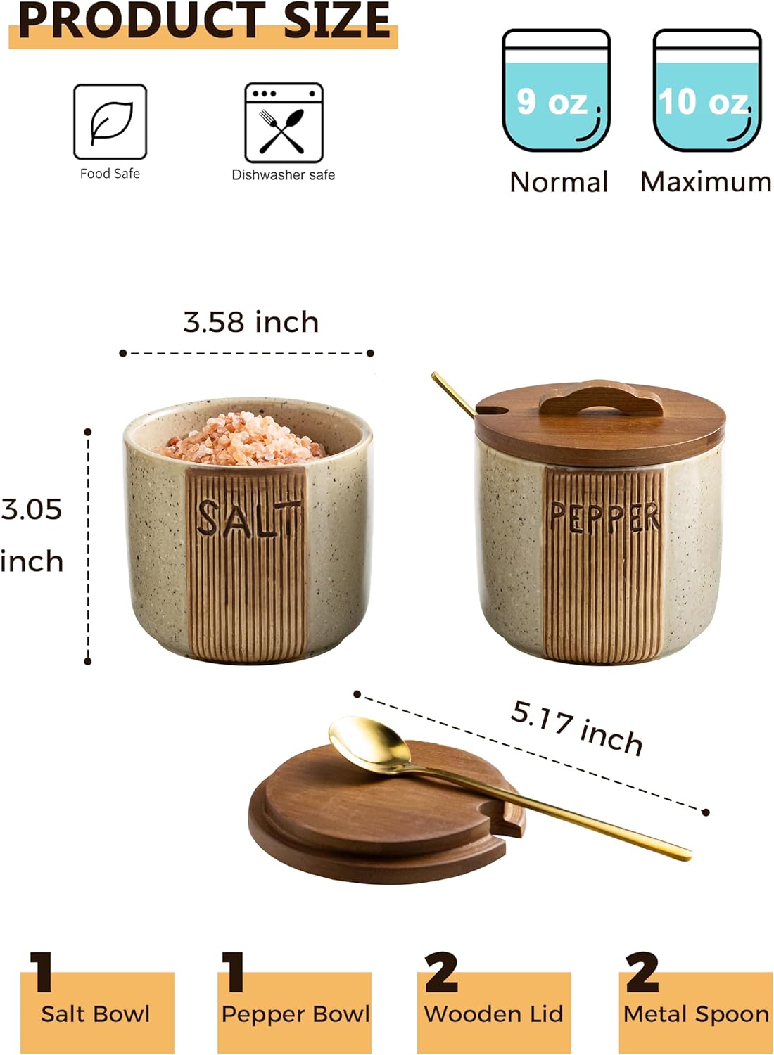 Ceramic Salt and Pepper Bowl, Salt Cellar with Lid and Spoons Salt Containers for Countertop Pepper Holder Box, Beige