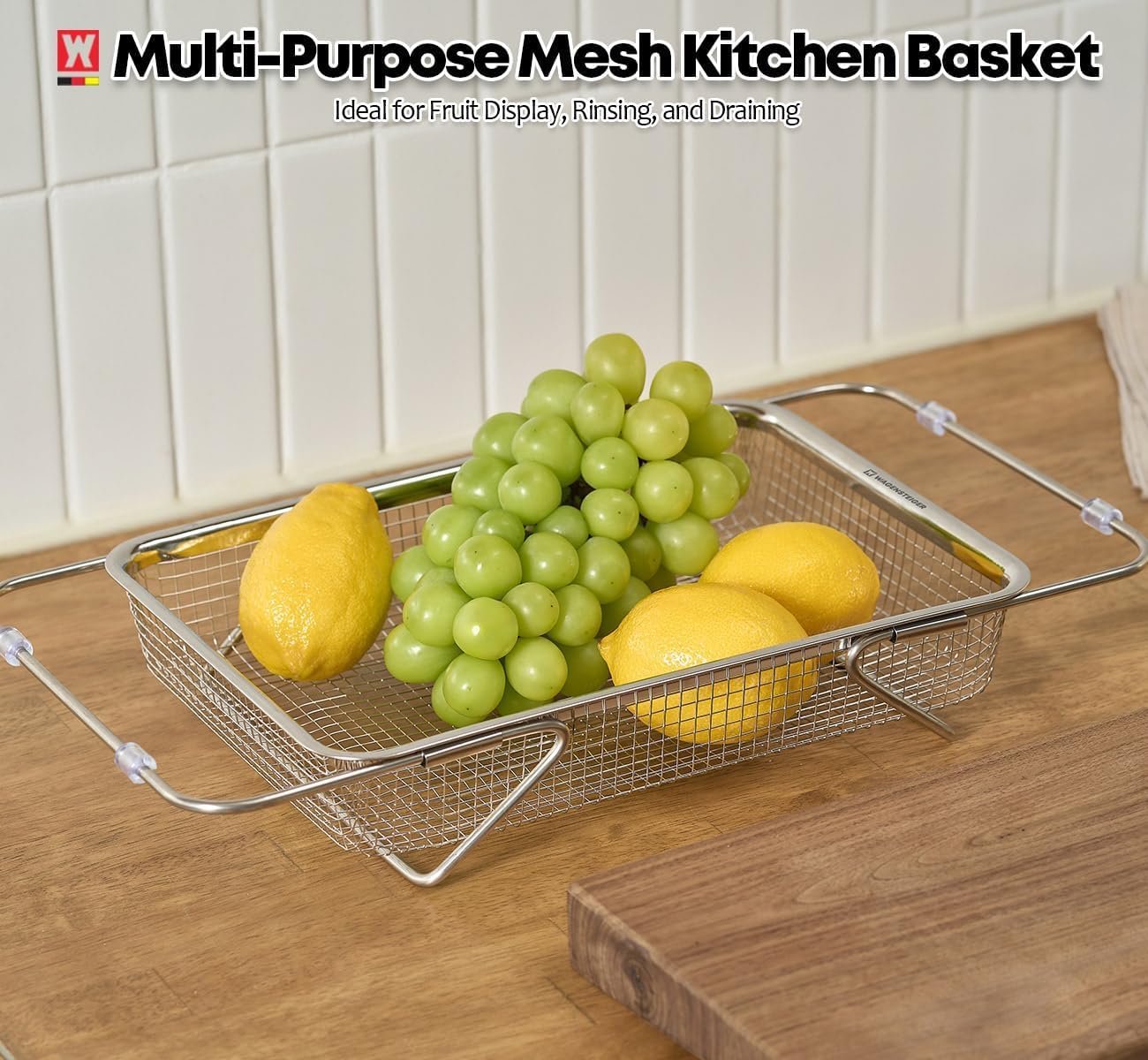 Extendable Dish Rack with Feet, Vegetable Colander Basket, Stainless Steel Dish or Silverware Drying Rack, Ultimate Kitchen Organizer Over The Sink (11.81 x 8.27 x 2.76 Inches)
