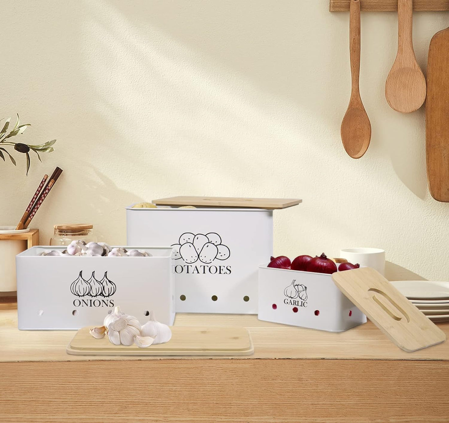 Kitchen Vegetable Storage Tins Set of 3 for Potato Onion & Garlic with Wooden Lid, Kitchen Storage Canisters Set, Long Shelf Life - White