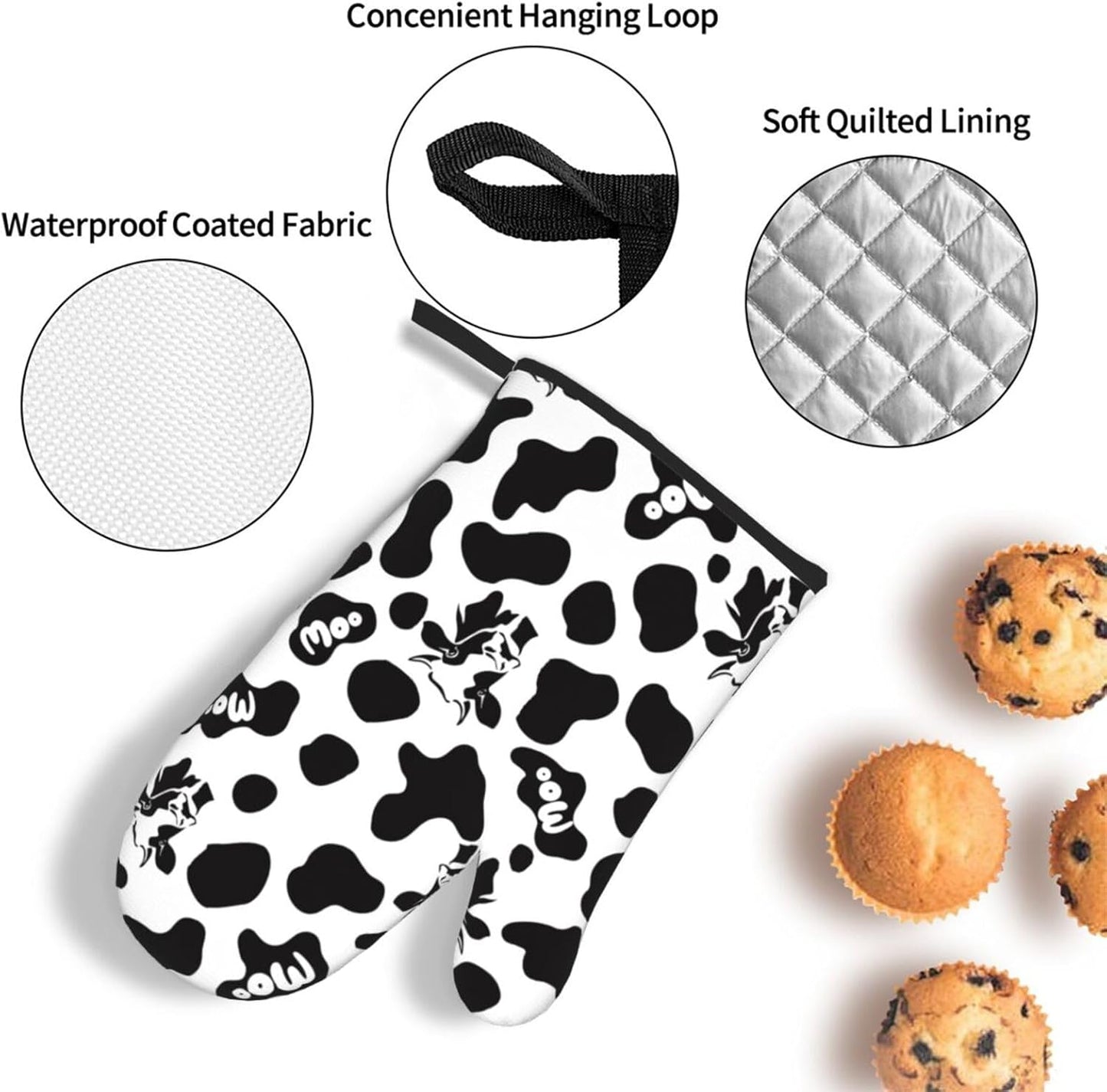 Cow Print Oven Mitts and Pot Holders Sets Heat Resistant for Kitchen BBQ Microwave Baking Grilling Cooks Set of 3 Black White Kitchen Oven Glove