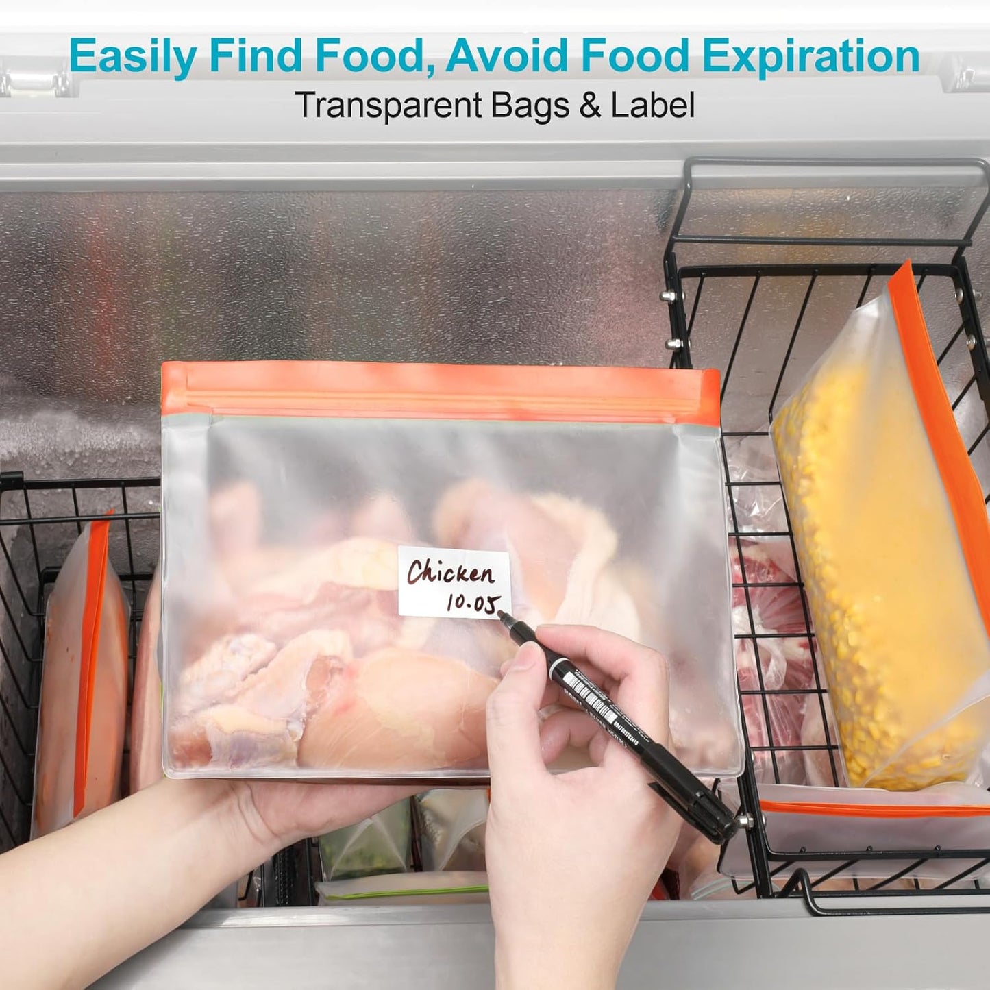 iSPECLE Reusable Bags for Food - 10 Pack Freezer Storage Bags BPA-Free with Stand-Up Bottom and Label, Easy to Get Frozen Meat, Vegetables, Fruit, Leakproof Freezer Bags Keep Food Fresh, Orange